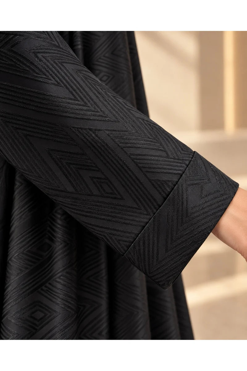 Kavalee Women's Luxury Black Geometric Jacquard Abaya with Decorative Metallic Floral Clasps, Tonal Textured Pattern & Flowing Full-Length Silhouette