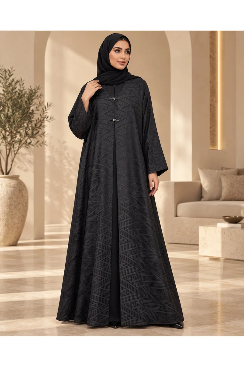Kavalee Women's Luxury Black Geometric Jacquard Abaya with Decorative Metallic Floral Clasps, Tonal Textured Pattern & Flowing Full-Length Silhouette
