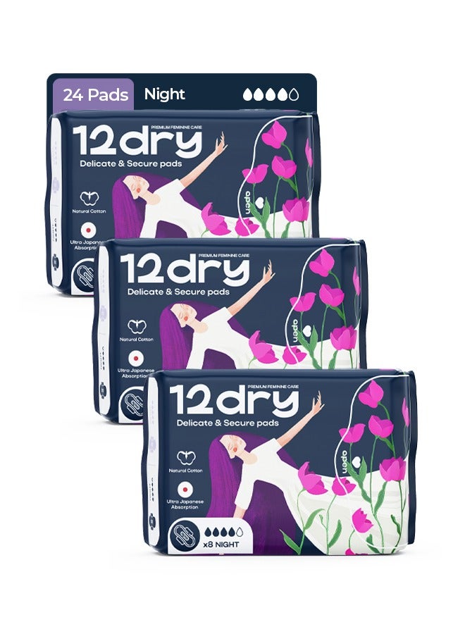12dry Ultra-Thin Sanitary Pads, 3 Packs × 8 (Total 24 Pads, 300mm, Night Use) – Super Absorbent, Leak-Proof, Odor & Bacteria Protection, Soft & Breathable with AirCool Technology, FDA & FSC Certified - Image 1