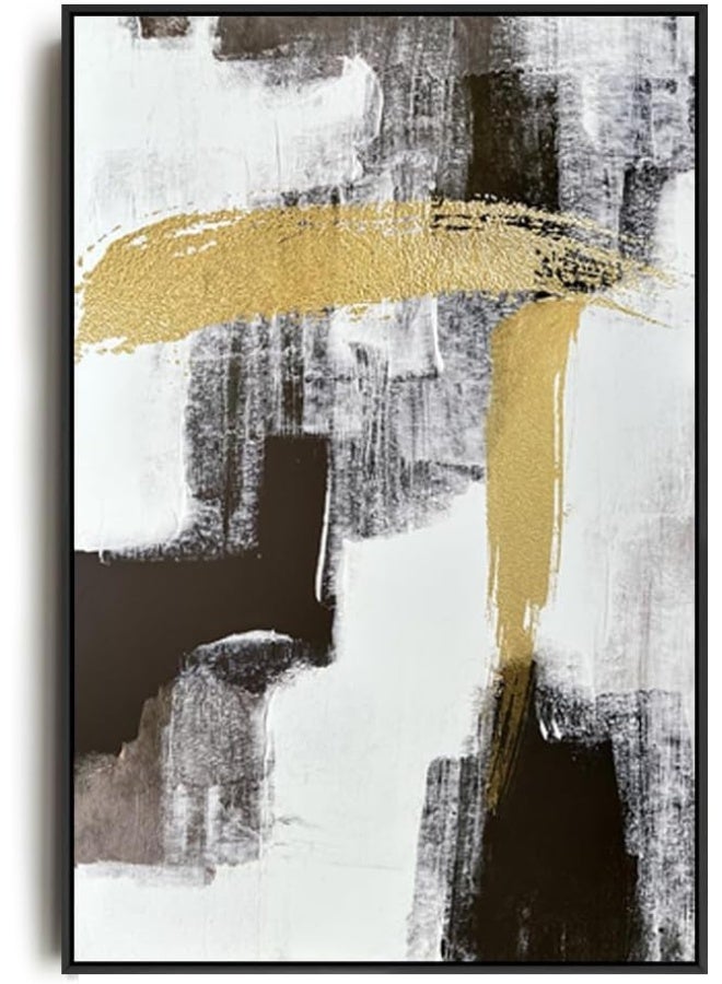 YUMKNOW Black Gold Beige Strokes Abstract Black Framed Canvas Wall Art for Bedroom - Large Oversize 24x36 Ready to Hang Living Room - Image 1