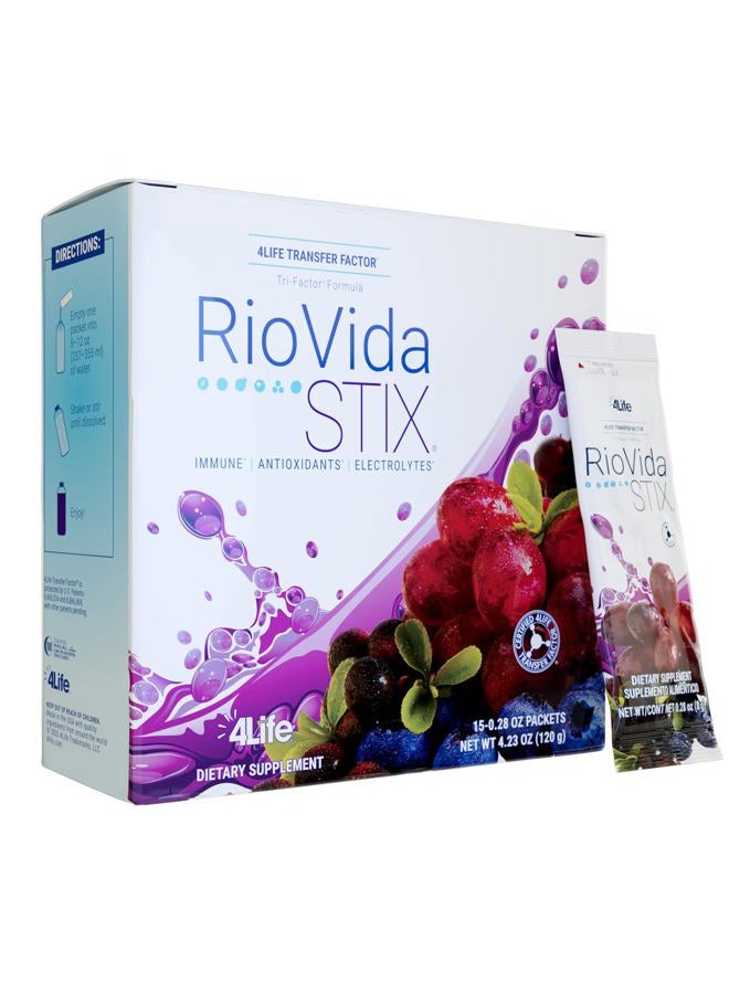 4life Transfer Factor RioVida Stix Tri-Factor Formula, Supports Immune System with Elderberry, Blueberry, Pomegranate and Acai - 15 Packets - Image 1