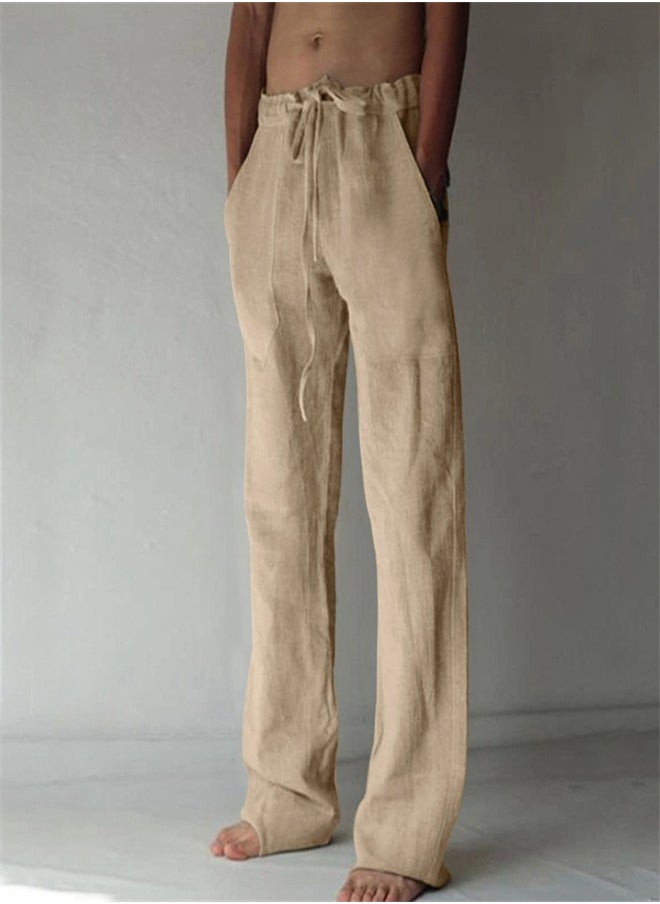 Loquat - Casual Solid Color Thin Linen Pants Khaki color, - Image 1