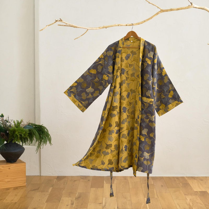 Purefair 100% Cotton Gauze Ginkgo Leaf Kimono Robe, Long Knit Loose Bathrobe Nightgown Ladies Loungewear Sleepwear for Women - Image 2