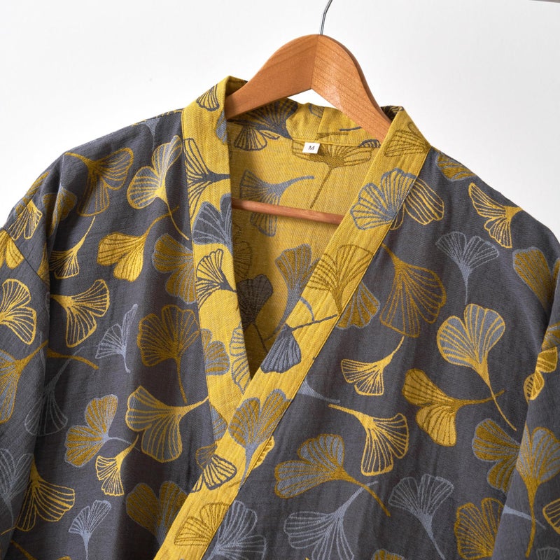 Purefair 100% Cotton Gauze Ginkgo Leaf Kimono Robe, Long Knit Loose Bathrobe Nightgown Ladies Loungewear Sleepwear for Women - Image 3