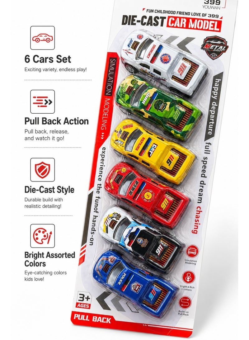 Die-Cast Car Model Set 6PCS, Pull Back Racing Toy Cars with Assorted Colors, Mini Metal Style Vehicle Pack for Kids 3+, Racing Play, Gift, Party and Collection - Image 5