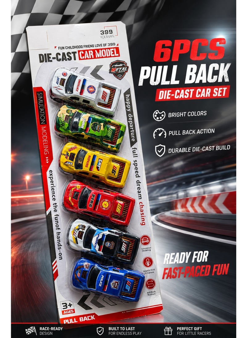 Die-Cast Car Model Set 6PCS, Pull Back Racing Toy Cars with Assorted Colors, Mini Metal Style Vehicle Pack for Kids 3+, Racing Play, Gift, Party and Collection - Image 4