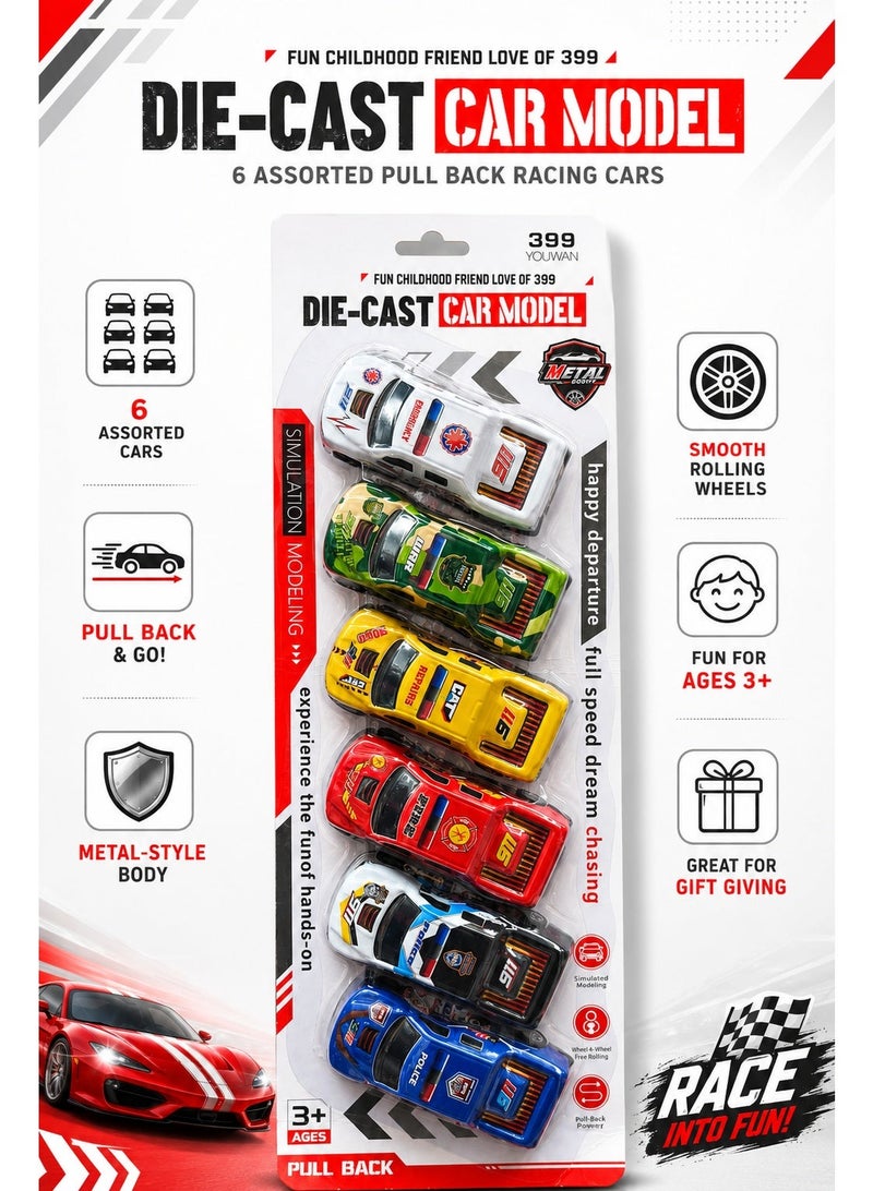 Die-Cast Car Model Set 6PCS, Pull Back Racing Toy Cars with Assorted Colors, Mini Metal Style Vehicle Pack for Kids 3+, Racing Play, Gift, Party and Collection - Image 2
