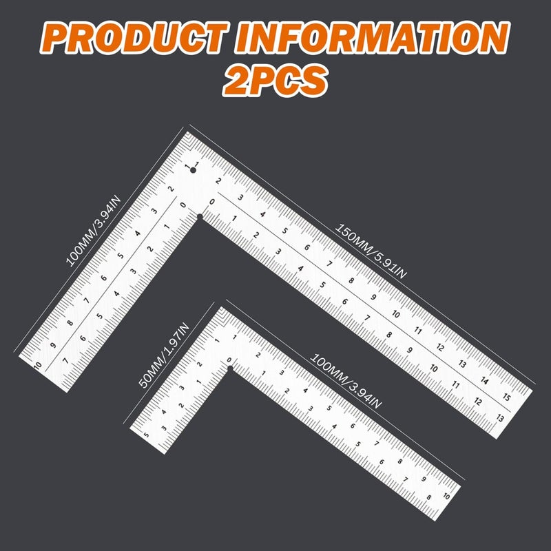 قطعتان مسطرة مربع L بزاوية 90 درجة من الفولاذ المقاوم للصدأ بمقياس مزدوج لمربع التأطير، لاستخدام النجارين والمهندسين - Image 4