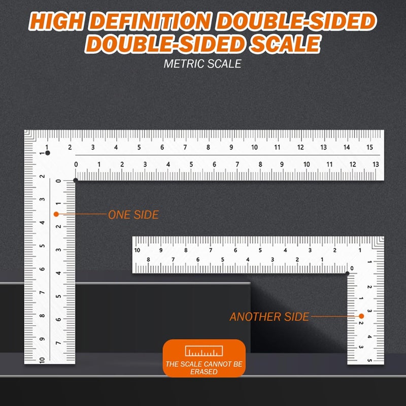 قطعتان مسطرة مربع L بزاوية 90 درجة من الفولاذ المقاوم للصدأ بمقياس مزدوج لمربع التأطير، لاستخدام النجارين والمهندسين - Image 5