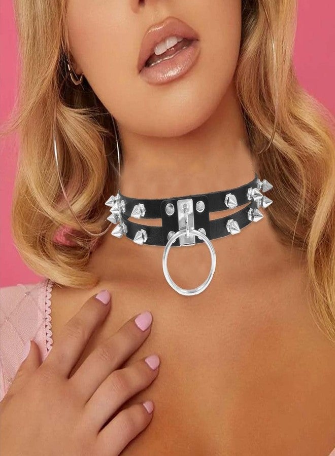 Obmyec Black Leather Choker Punk Short Collar Gothic 2-tier Circle Rivet Necklace Soft PU Leather Short Neck Accessories for Women (Black-2) - Image 2