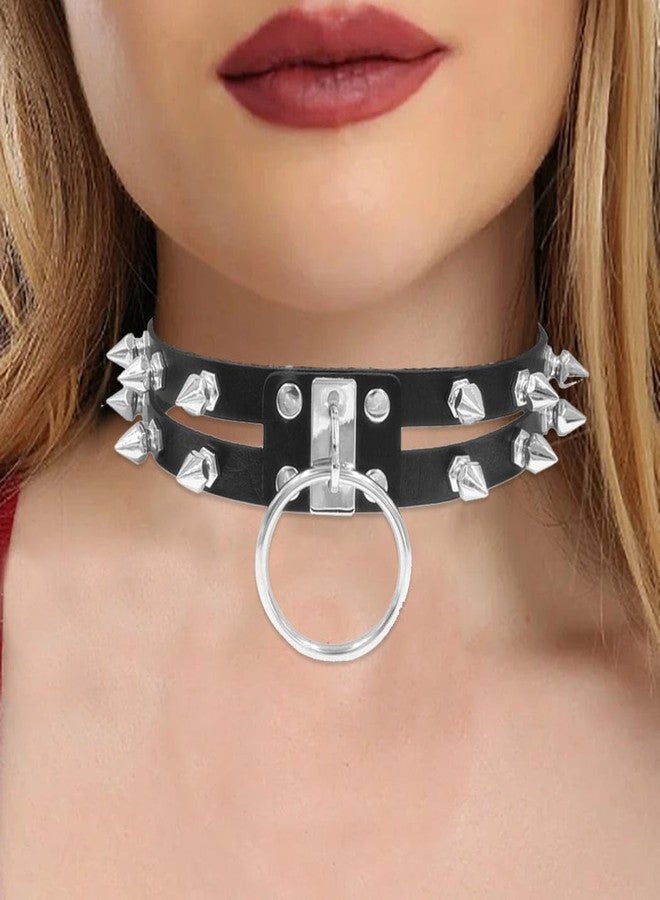 Obmyec Black Leather Choker Punk Short Collar Gothic 2-tier Circle Rivet Necklace Soft PU Leather Short Neck Accessories for Women (Black-2) - Image 4