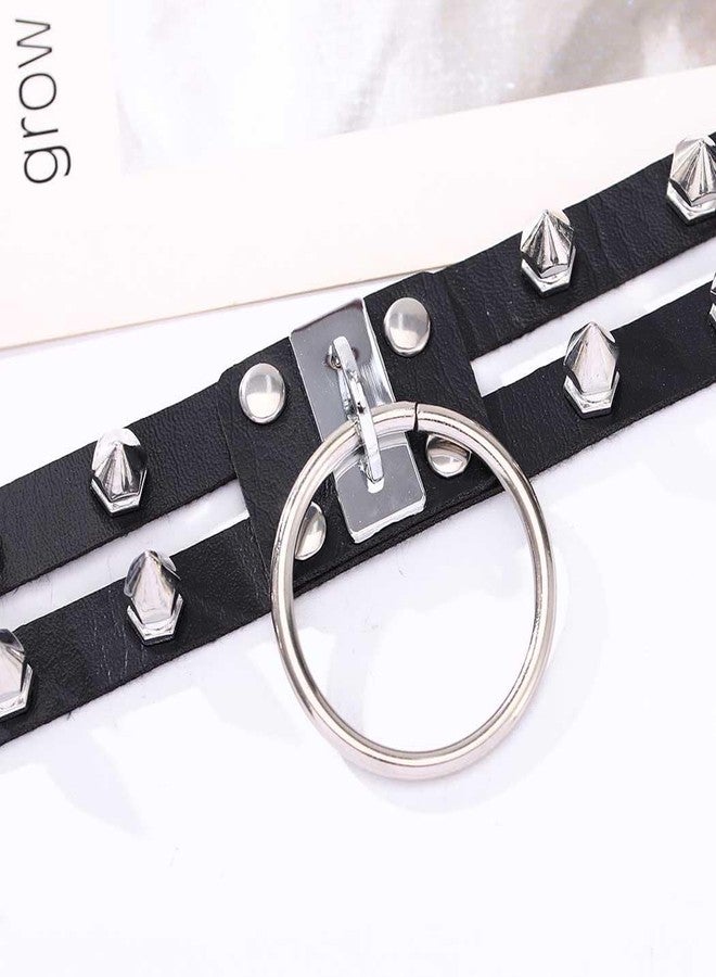 Obmyec Black Leather Choker Punk Short Collar Gothic 2-tier Circle Rivet Necklace Soft PU Leather Short Neck Accessories for Women (Black-2) - Image 3