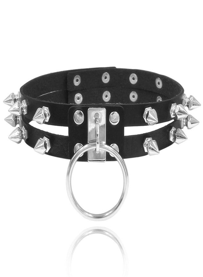 Obmyec Black Leather Choker Punk Short Collar Gothic 2-tier Circle Rivet Necklace Soft PU Leather Short Neck Accessories for Women (Black-2) - Image 1