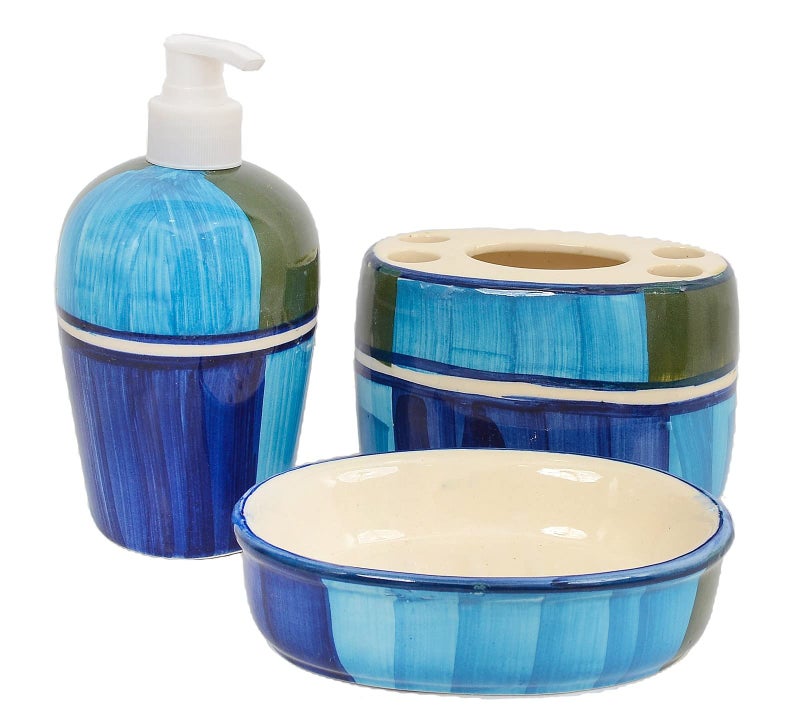 Skywalk Hand Painted Ceramic Bathroom Set of 3 Pcs - Liquid Soap Dispenser, Soap Dish and Brush Holder for Bathroom Décor and Home Gift Set SWKA-1217