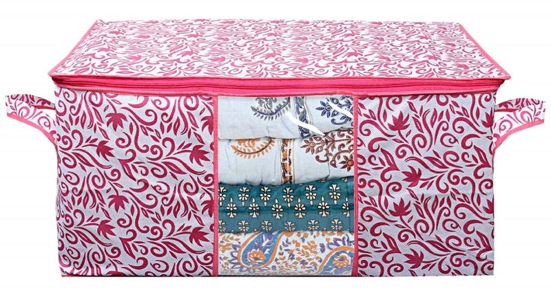 Kuber Industries Kuber Industries Leaf Design 8 Piece Non Woven Fabric Underbed Storage BagCloth OrganiserBlanket Cover with Transparent Window Red Pink CTKTC41183  - Image 3