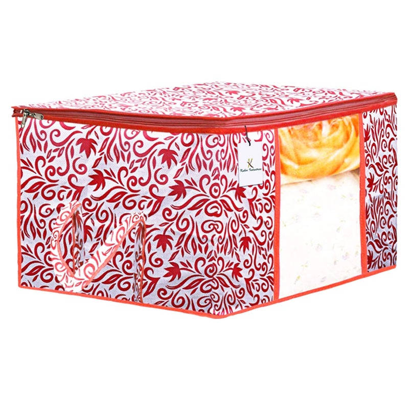 Kuber Industries Kuber Industries Leaf Design 8 Piece Non Woven Fabric Underbed Storage BagCloth OrganiserBlanket Cover with Transparent Window Red Pink CTKTC41183  - Image 4