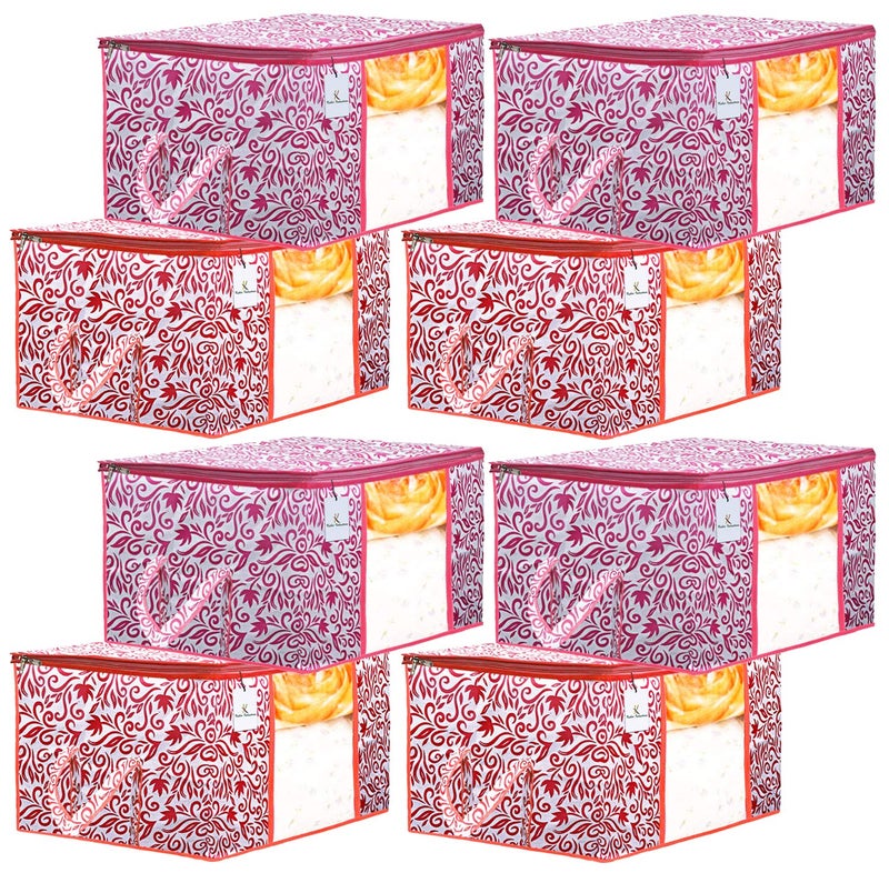 Kuber Industries Kuber Industries Leaf Design 8 Piece Non Woven Fabric Underbed Storage BagCloth OrganiserBlanket Cover with Transparent Window Red Pink CTKTC41183  - Image 1
