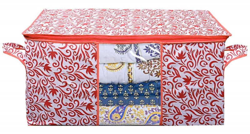 Kuber Industries Kuber Industries Leaf Design 8 Piece Non Woven Fabric Underbed Storage BagCloth OrganiserBlanket Cover with Transparent Window Red Pink CTKTC41183  - Image 5