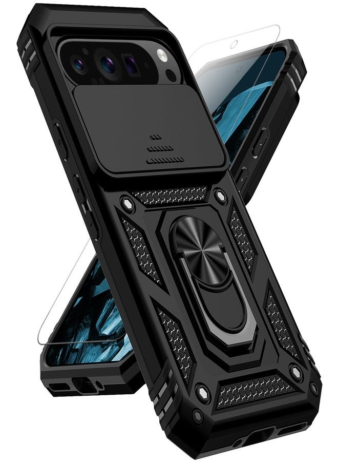PUSHIMEI for Google Pixel 9 / Pixel 9 Pro Case with Slide Camera Cover HD Screen Protector [Military Grade Drop Tested] Magnetic Ring Holder Kickstand Protective Phone Case for Google Pixel 9/9 Pro, Black - Image 1