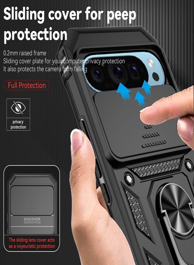 PUSHIMEI for Google Pixel 9 / Pixel 9 Pro Case with Slide Camera Cover HD Screen Protector [Military Grade Drop Tested] Magnetic Ring Holder Kickstand Protective Phone Case for Google Pixel 9/9 Pro, Black - Image 4
