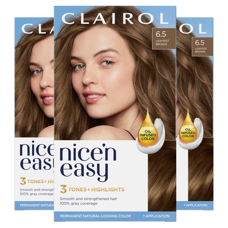 Clairol Nice'n Easy Permanent Hair Dye, 6.5 Lightest Brown Hair Color, Pack of 3 - Image 1