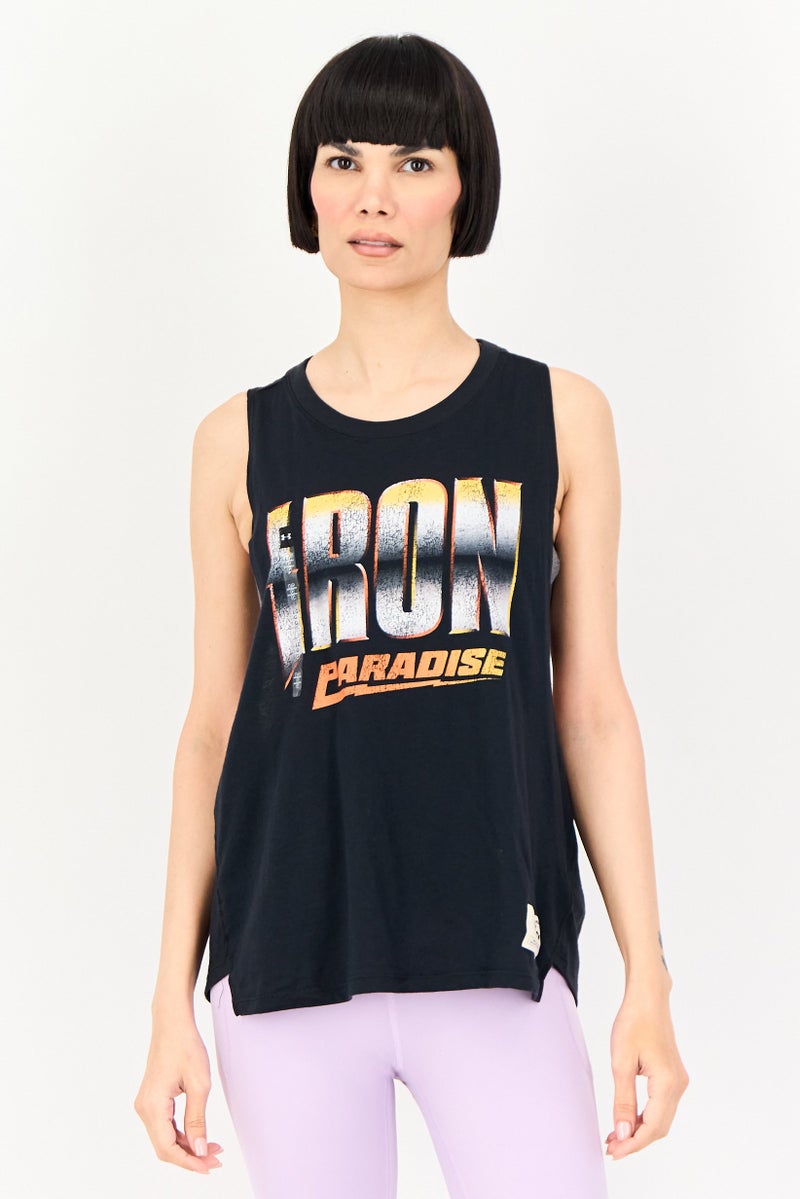 UNDER ARMOUR تي شيرت تدريب بلا أكمام فضفاض للنساء من مشروع روك آيرون، أسود - Image 1