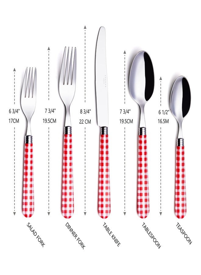 ANNOVA Stainless Steel Colorful Tableware Kitchen Flatware Set Utensils, Includes Dinner Knives, Forks, Spoons, Salad Forks & Dessert Spoons, Modern Rounded Shape (Red Checkered, 20 Pieces) - Image 3