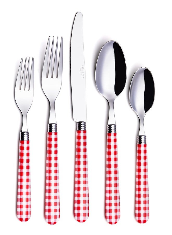 ANNOVA Stainless Steel Colorful Tableware Kitchen Flatware Set Utensils, Includes Dinner Knives, Forks, Spoons, Salad Forks & Dessert Spoons, Modern Rounded Shape (Red Checkered, 20 Pieces) - Image 1
