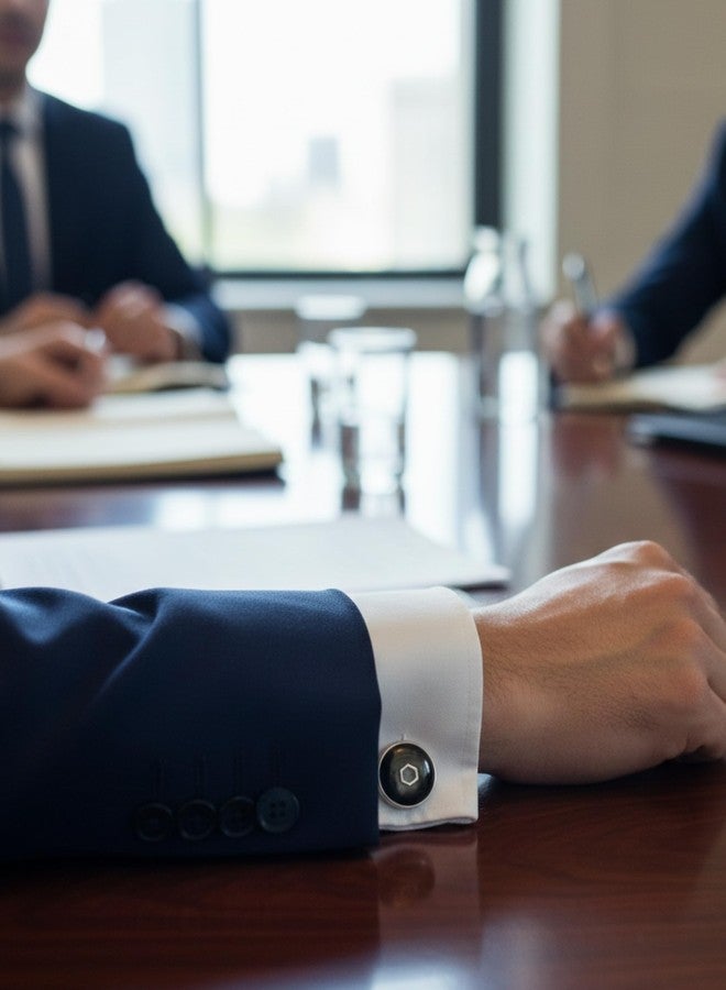 بريمسونس أزرار أكمام رجالية كلاسيكية مستديرة من بريمسونز®، مطلية بالمينا الداكنة وشعار معدني، إكسسوارات رسمية مستوحاة من الطراز القديم - أسود - Image 3