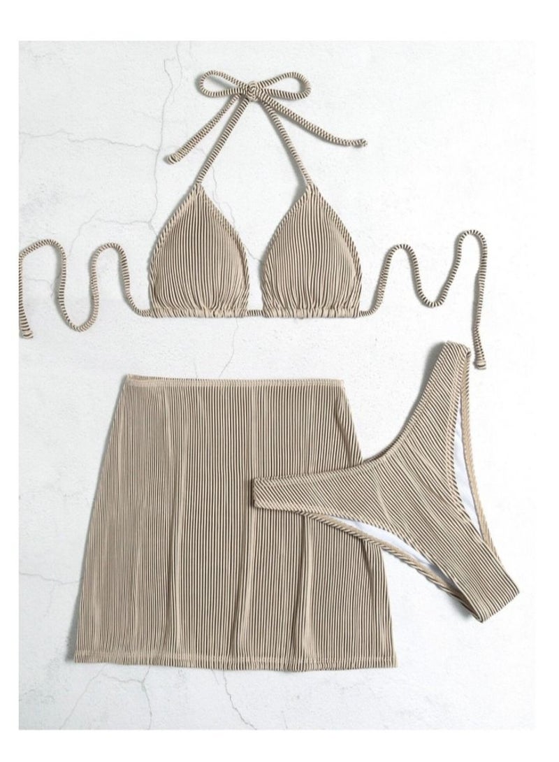 Loquat 3 Piece Swimsuit Print Halter Strappy Swimsuit Bikini Grey - Image 1