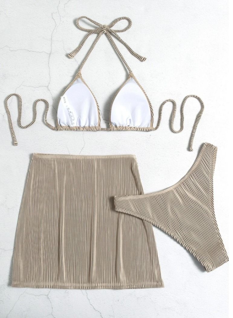 Loquat 3 Piece Swimsuit Print Halter Strappy Swimsuit Bikini Grey - Image 2