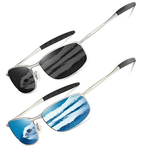 AEVOGUE Polarized Sunglasses For Men Rectangle Metal Frame Retro Sun Glasses AE0395 (2 Pack/Silver Frame Grey Lens+Silver Frame Blue Lens, 59) - Image 1