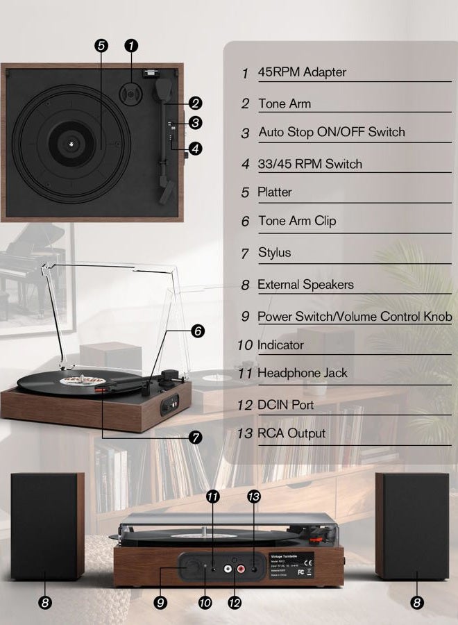 Retrolife Vinyl Record Player with External Stereo Speakers Vintage Turntable for Vinyl Records LP Players Support Wireless Playback 2 Speed Auto Stop RCA Out Walnut - Image 5