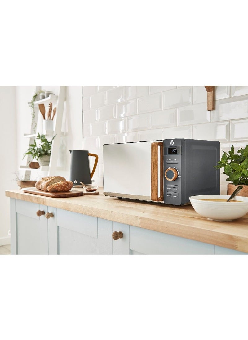 Swan - ميكروويف Swan 20L Nordic Digital LED، 6 مستويات للطاقة، مقبض ذو تأثير خشبي، غطاء ناعم الملمس ولمسة نهائية غير لامعة، 800 وات، رمادي داكن، SM22036LGRYN - Image 1