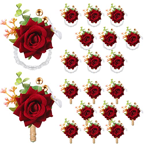 Sherr 20 Pcs Rose Wrist Corsage and Boutonnier Set Flower Wrist Corsage Wristlet Band Bracelet Wedding Bridegroom Mens Boutonniere Wristlet Hand Flower for Wedding Bouquets Supplies Red