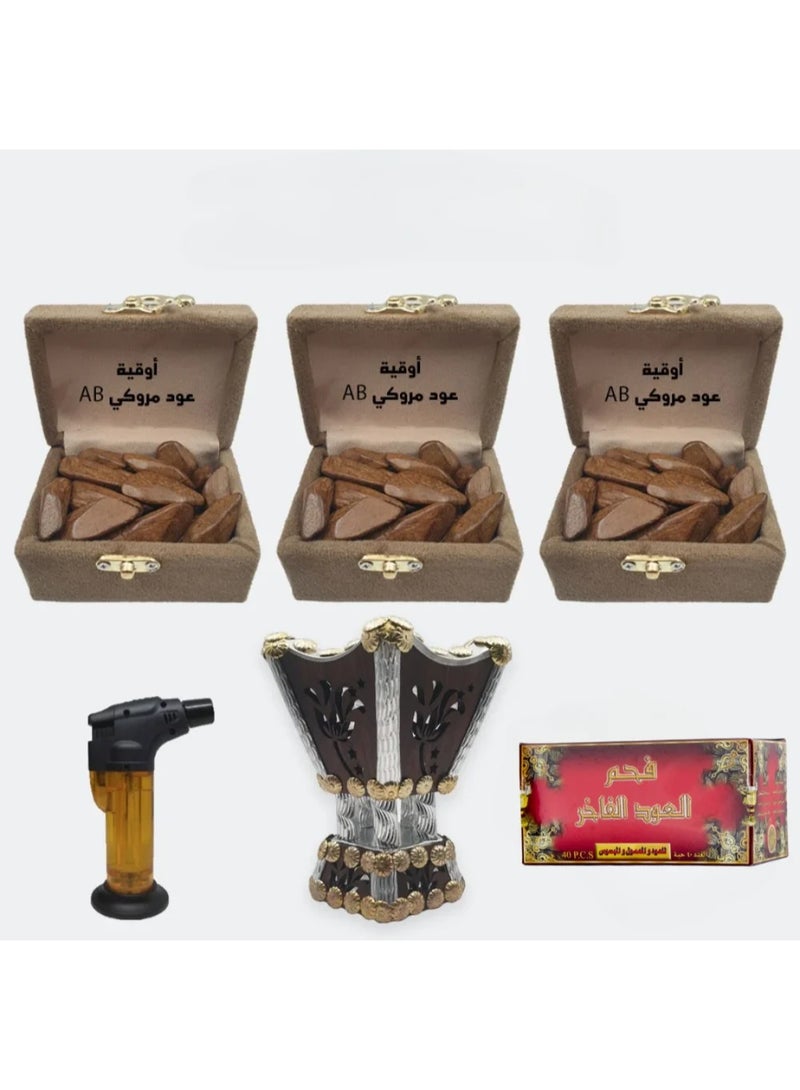 بكج الملكة  3 وقيات (عود مروكي + مبخرة + فحم + ولاعة)