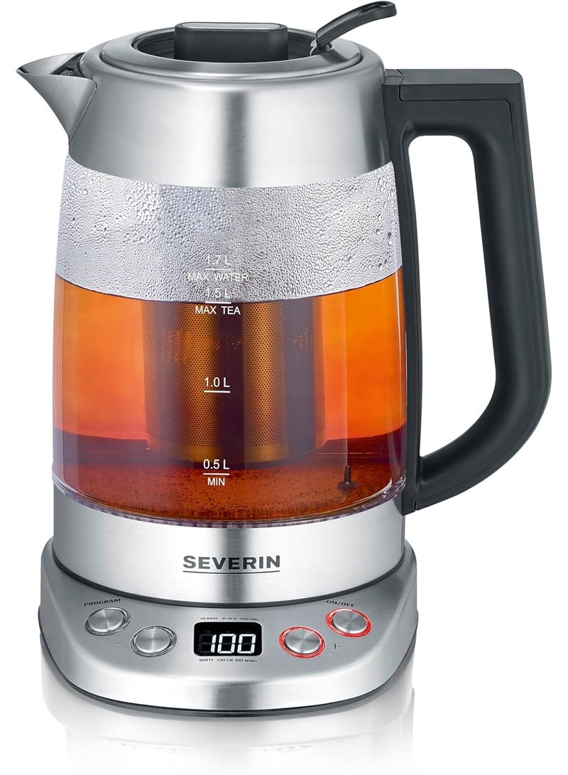 SEVERIN Glass Tea & Kettle Deluxe, Tea Maker with Adjustable Temperature and Brewing Time, with 5 Tea Programmes and Warming Function, Max. 1.7 L of Water, 3000 W, Stainless Steel, WK 3480