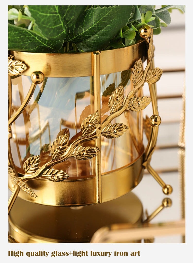 Arabest مزهرية زهور ذهبية مع حامل معدني وديكور هندسي من الزجاج، مزهرية داخلية شفافة من الكريستال، مزهرية كبيرة حديثة مناسبة لتزيين المنزل أو حفل الزفاف أو المكتب - Image 5