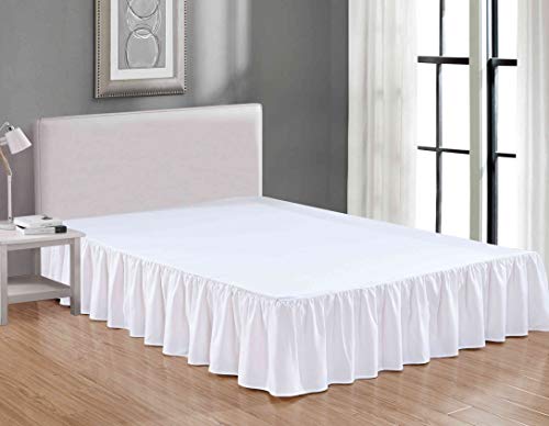 Sheets & Beyond Wrap Around Solid Microfiber Luxury Hotel Quality Fabric Bedroom Gathered Ruffled Bedding Bed Skirt 14 Inch Drop (Queen, White) - Image 1