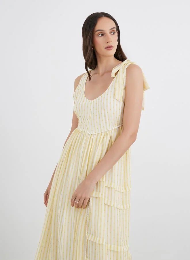 Styli Styli Tie-Up Sleeve Dobby Striped Maxi Dress