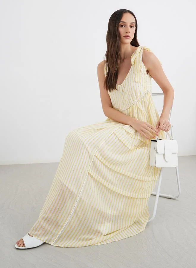 ستايلي Styli Tie-Up Sleeve Dobby Striped Maxi Dress
