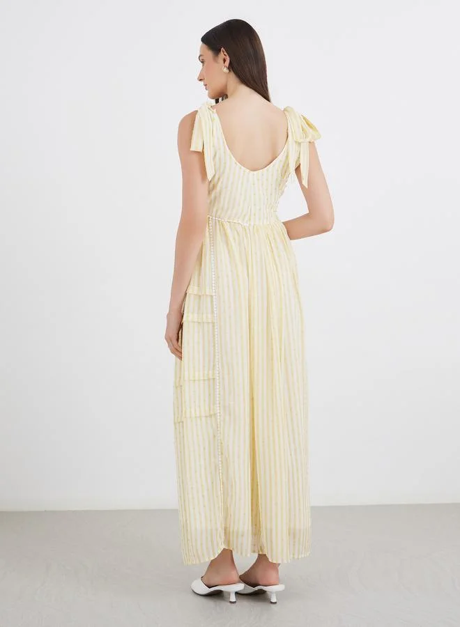 Styli Styli Tie-Up Sleeve Dobby Striped Maxi Dress