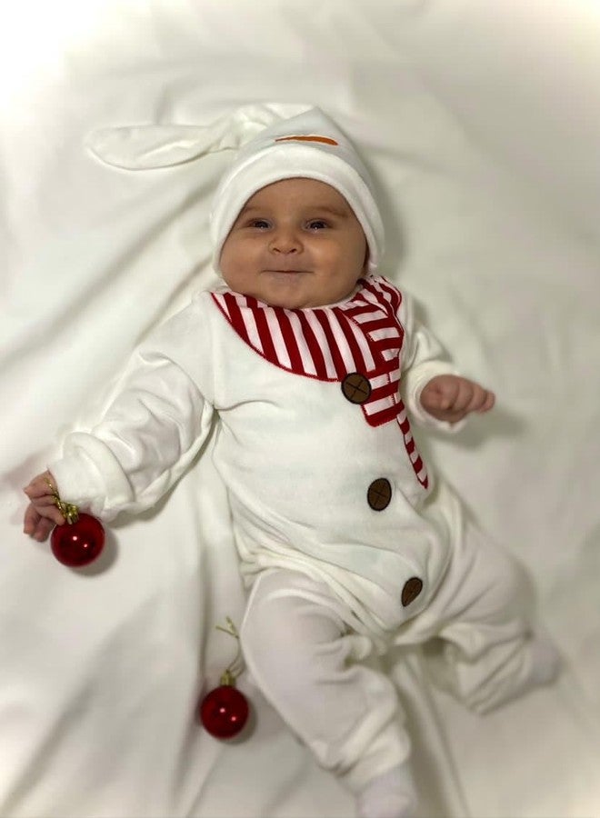 HiHa Baby Christmas Outfit Jumpsuit Snowman Clothes 9 Months Boys Girls White Xmas Romper Unisex Long Sleeve Bodysuit with Hat 6-12 Months - Image 3