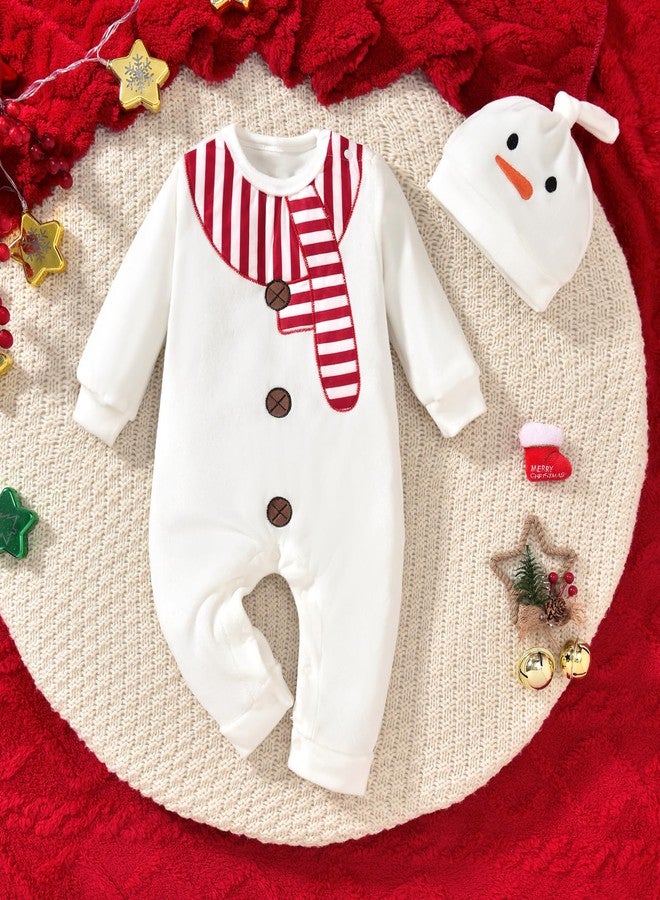 HiHa Baby Christmas Outfit Jumpsuit Snowman Clothes 9 Months Boys Girls White Xmas Romper Unisex Long Sleeve Bodysuit with Hat 6-12 Months - Image 5
