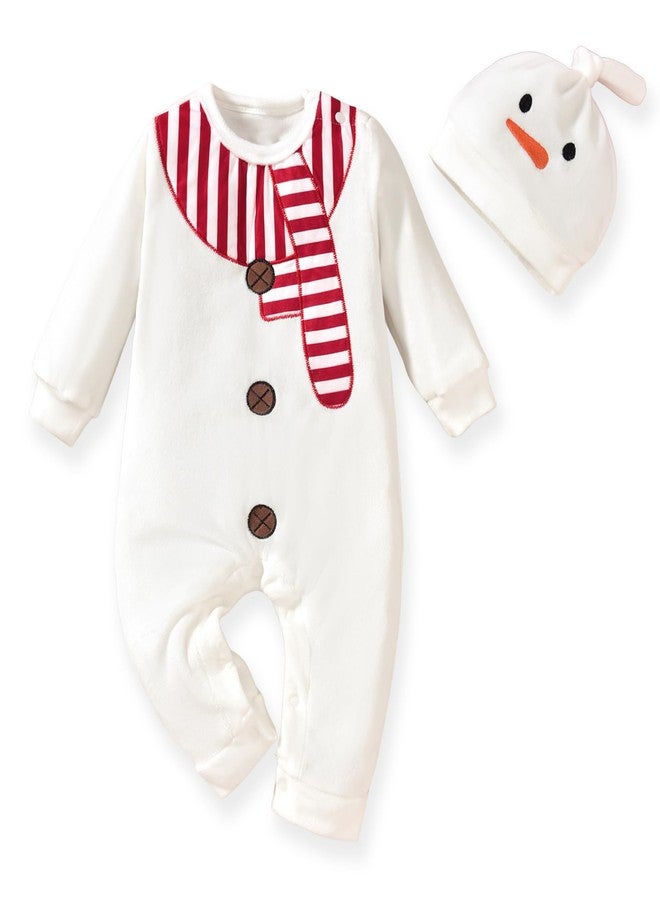 HiHa Baby Christmas Outfit Jumpsuit Snowman Clothes 9 Months Boys Girls White Xmas Romper Unisex Long Sleeve Bodysuit with Hat 6-12 Months - Image 1