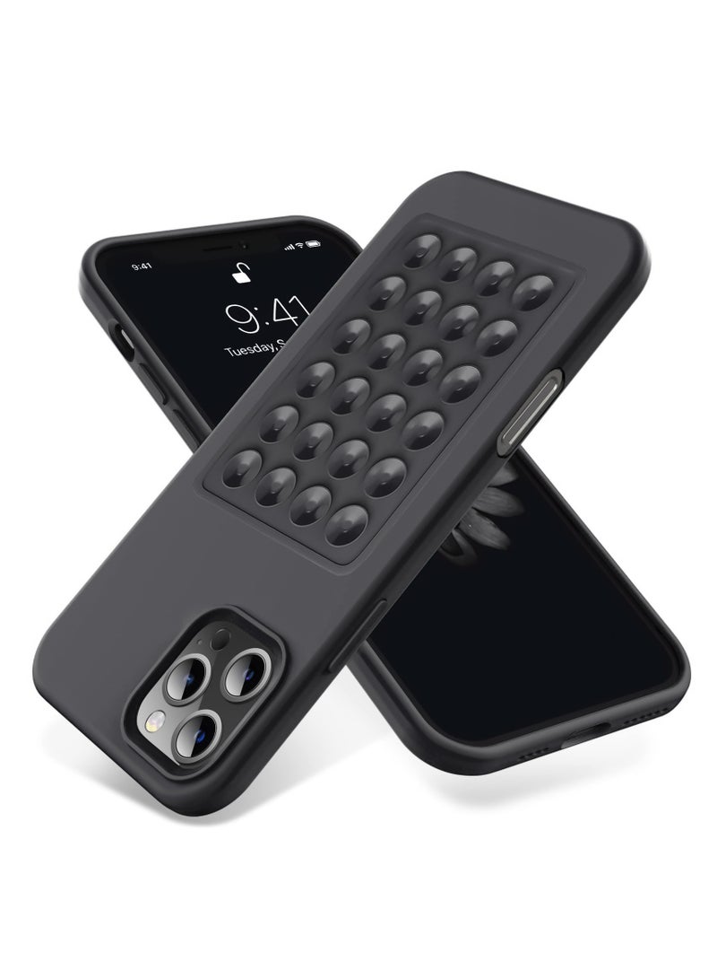 Suction Cup Soft Silicone Phone case With Stand Full Protection Shockproof For iPhone 16 Pro Max (Dark Grey)