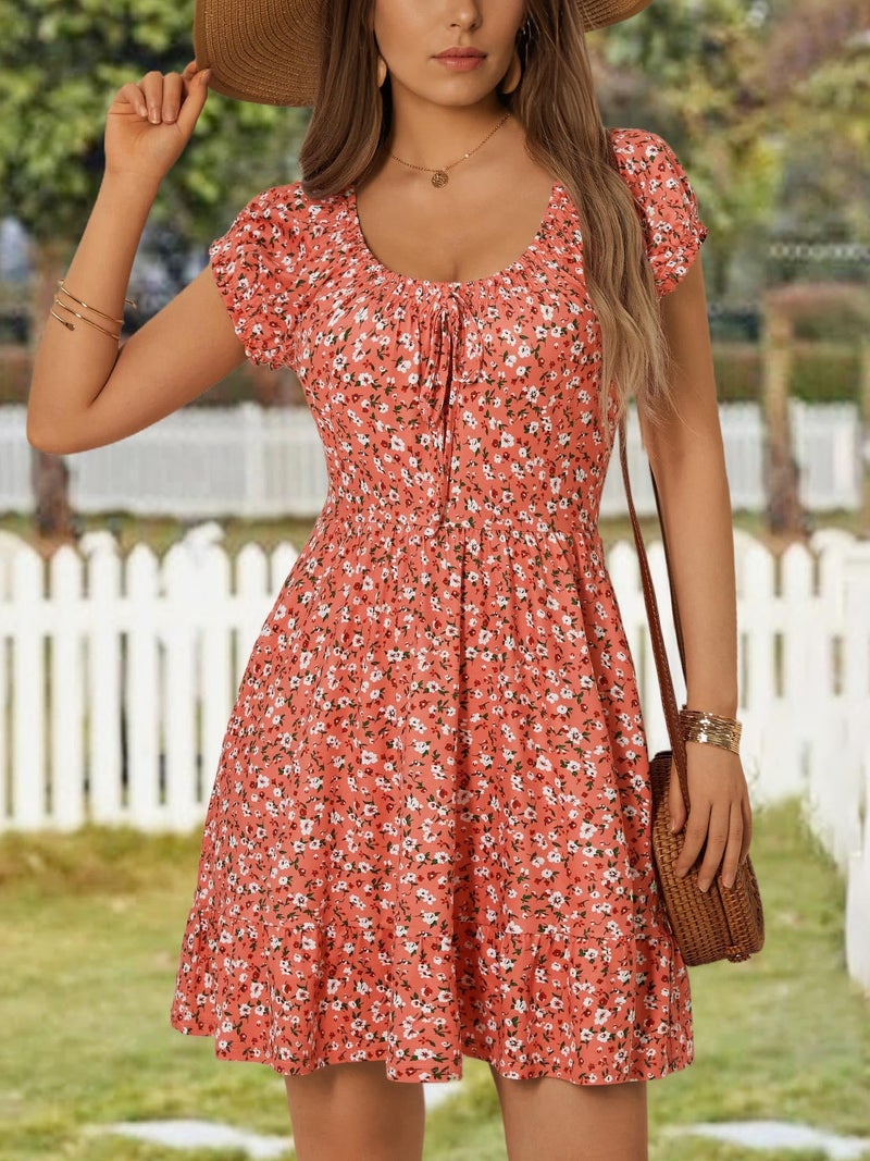 HUHOT Easter Petite Summer Western Dresses for Women 5 Ft Vestidos De Vera Mini Sundress with Pockets Short Milk Maid Smocked Dress Vacation Beach Orange Floral Country Concert - Image 2