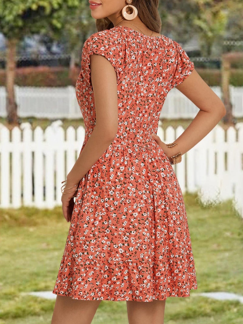 HUHOT Easter Petite Summer Western Dresses for Women 5 Ft Vestidos De Vera Mini Sundress with Pockets Short Milk Maid Smocked Dress Vacation Beach Orange Floral Country Concert - Image 3
