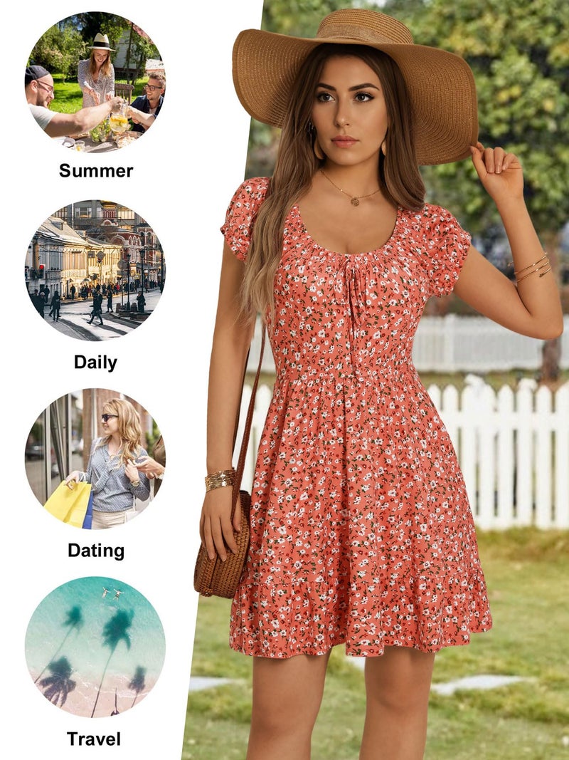 HUHOT Easter Petite Summer Western Dresses for Women 5 Ft Vestidos De Vera Mini Sundress with Pockets Short Milk Maid Smocked Dress Vacation Beach Orange Floral Country Concert - Image 5