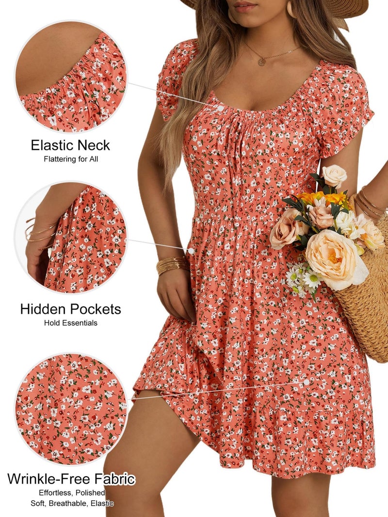 HUHOT Easter Petite Summer Western Dresses for Women 5 Ft Vestidos De Vera Mini Sundress with Pockets Short Milk Maid Smocked Dress Vacation Beach Orange Floral Country Concert - Image 4